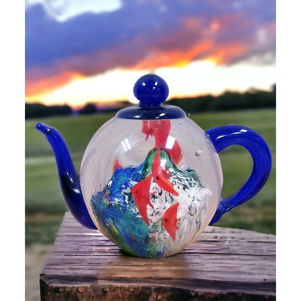 Dynasty Gallery Hand Blown Glass Gold Fish Teapot Paperweight 5.25 inches